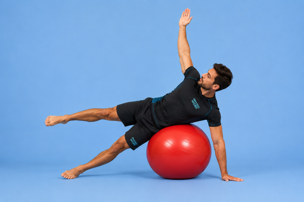 Exercice PhysioWork — croisement des chaînes sur Swiss Ball