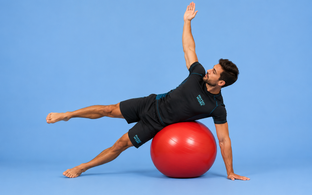 Exercice PhysioWork — croisement des chaînes sur Swiss Ball