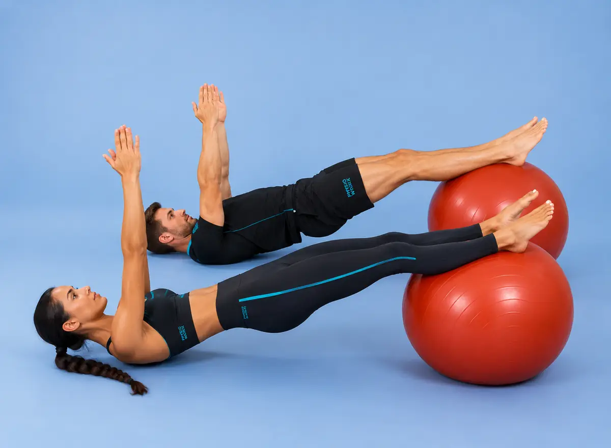 Gainage dorsal pieds sur le Swiss Ball, bras tendus vers le haut, pendant un cours PhysioWork