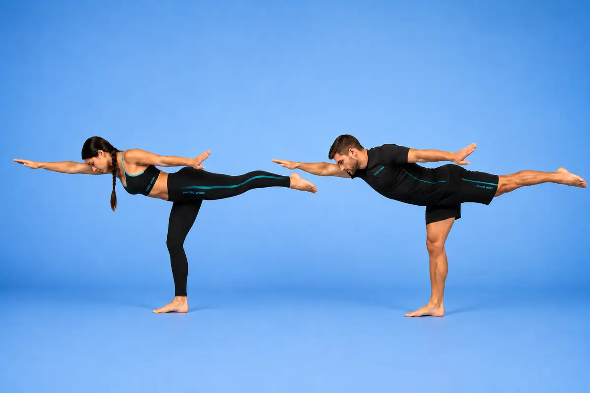 Physiolift : équilibre sur une jambe, buste penché en avant, bras tendus vers l'arrière
