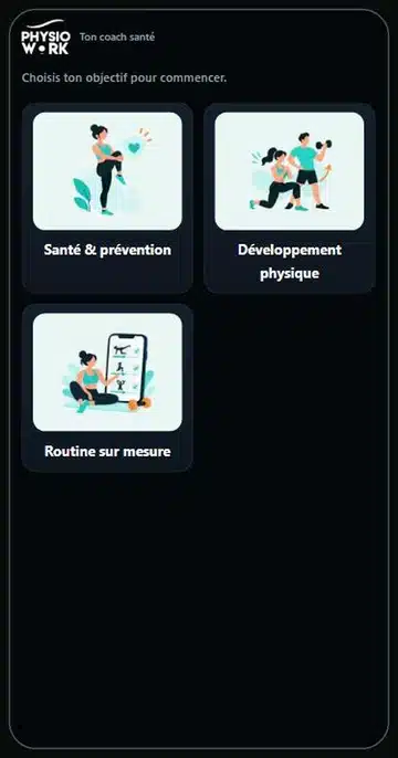 Écran d'accueil de l'application PhysioWork